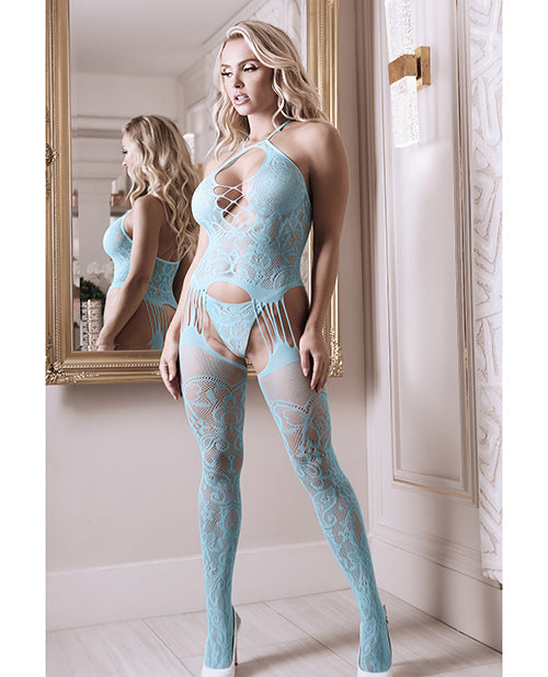 Sheer Fantasy Halter Neck Floral Lace Gartered Body Stocking & Panty Light Blue O/s