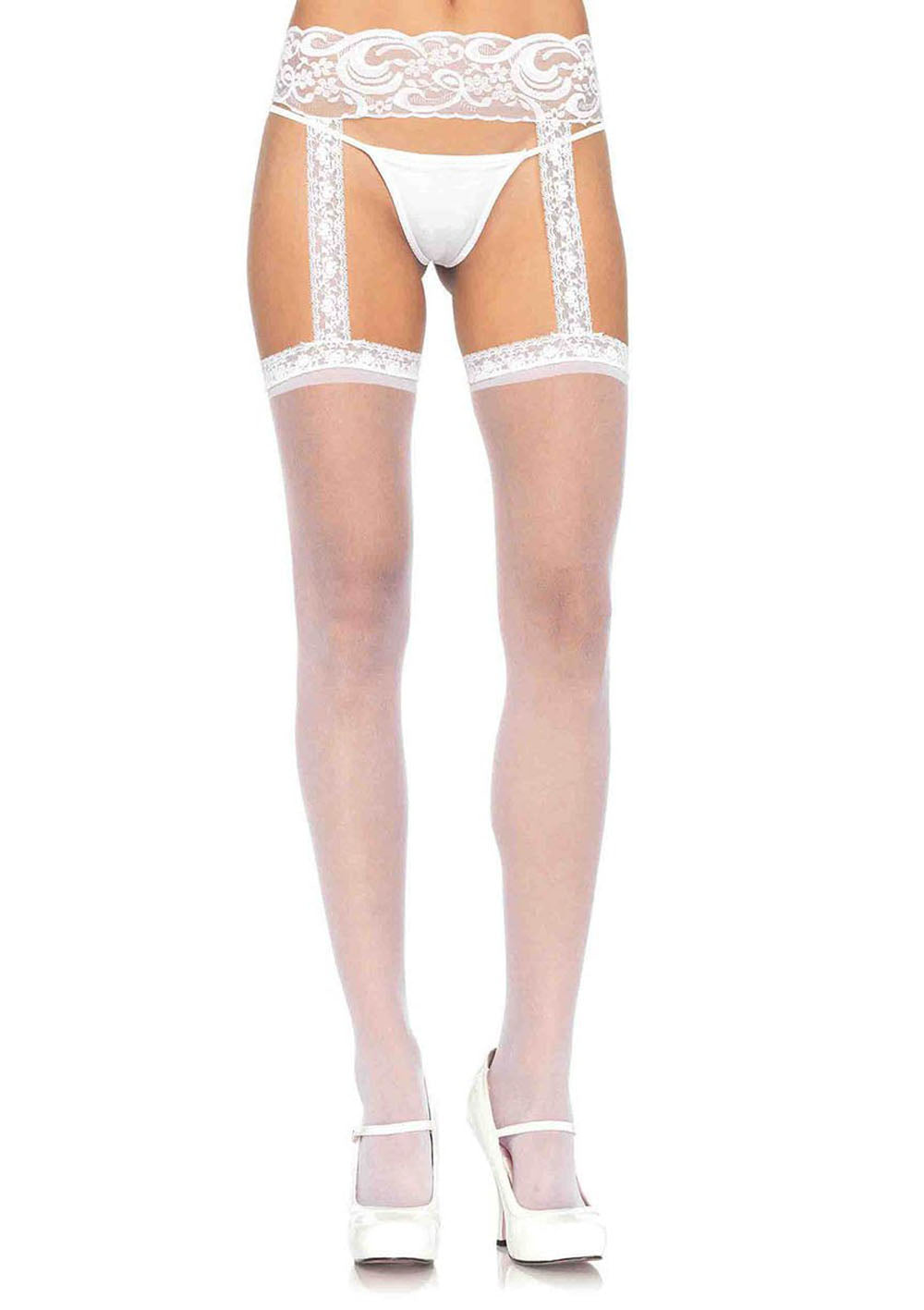 Sheer Lace Top Stockings With Attached Lace Garter Belt - Size.