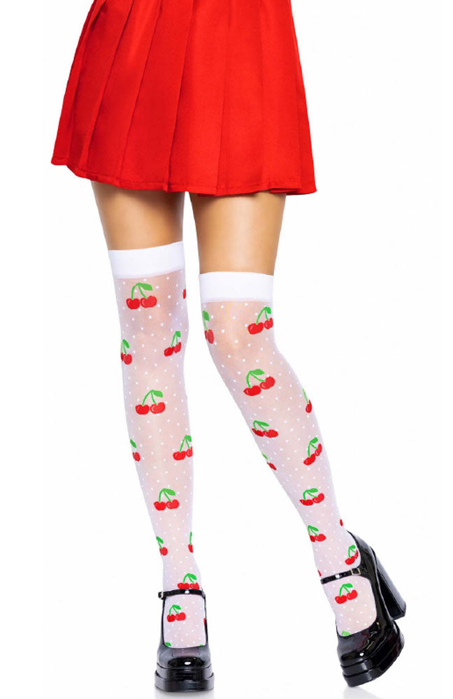 Sheer Polka Dot Cherry Thigh Highs - One Size White/red