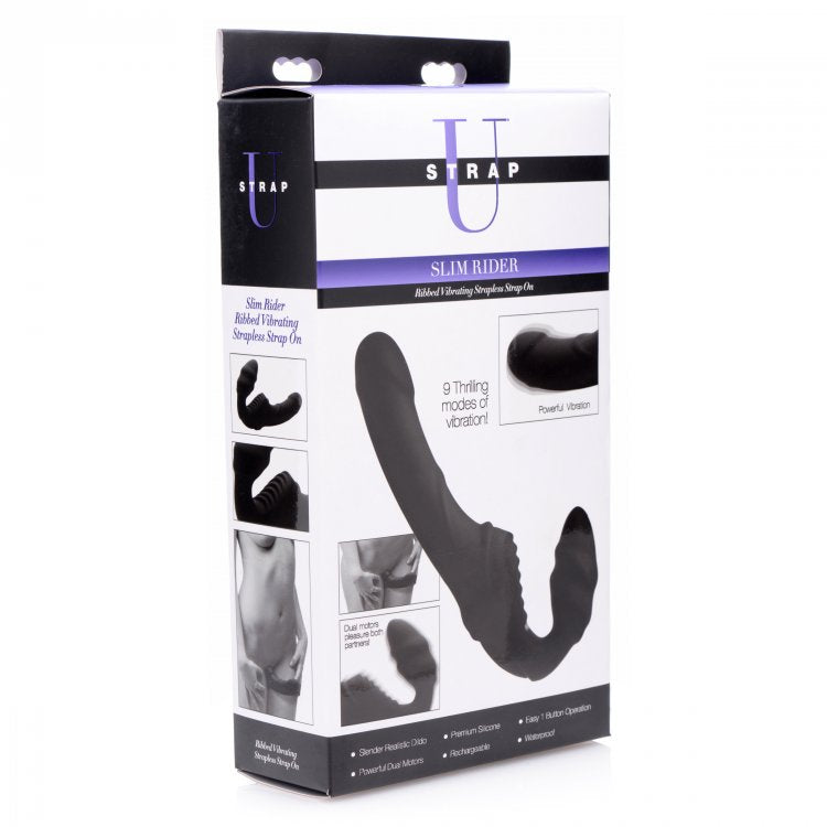 Strap U Slim Rider Ribbed Vibrating Silicone Strapless Strap On