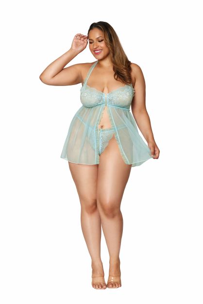 Stretch Lace Babydoll Set W/ Ruffle Trim Mint