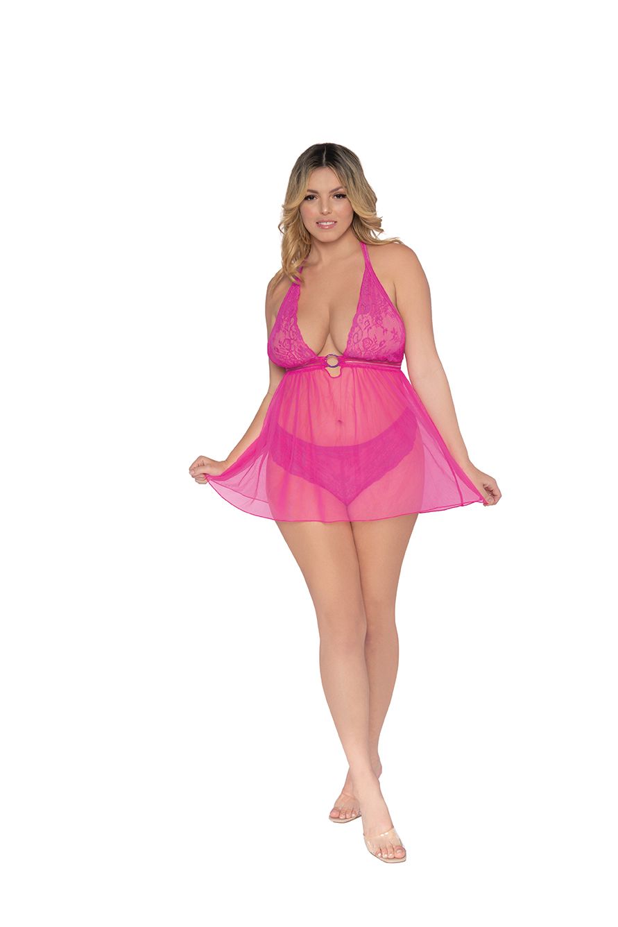 Stretch Lace & Mesh Babydoll Paradise Pink Q/s