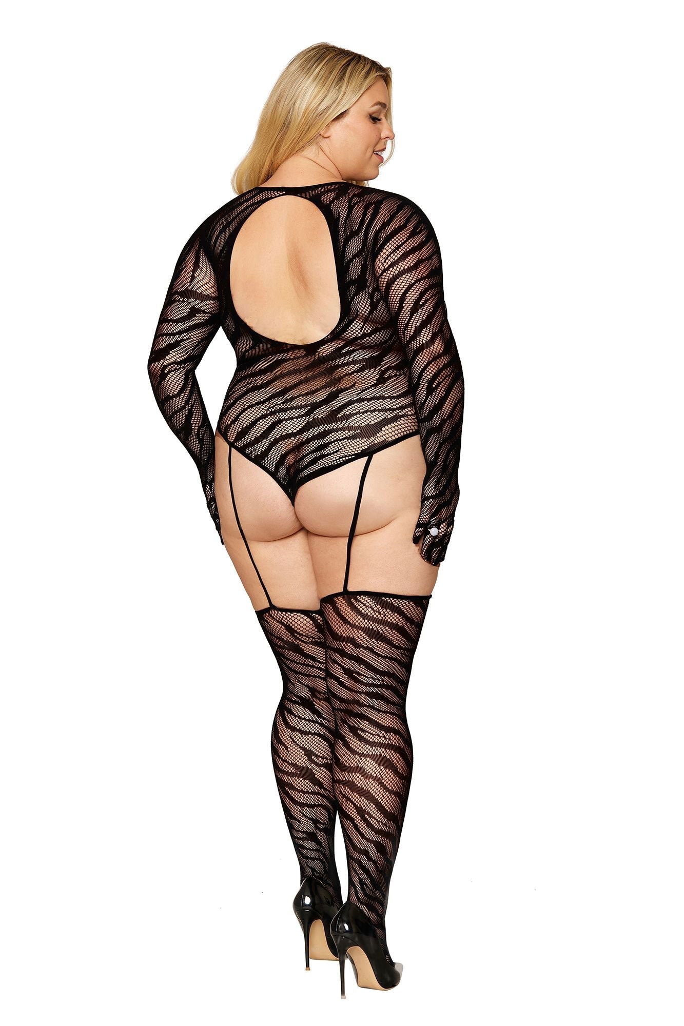 Teddy Bodystocking With Fingered Gloves - Size - Black