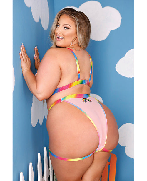 Vibes Make It Rain Caged Bralette & Panty W/booty Rainbow Qn