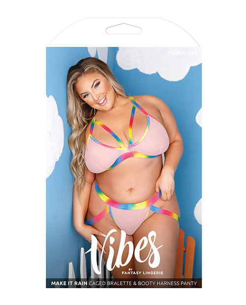 Vibes Make It Rain Caged Bralette & Panty W/booty Rainbow Qn