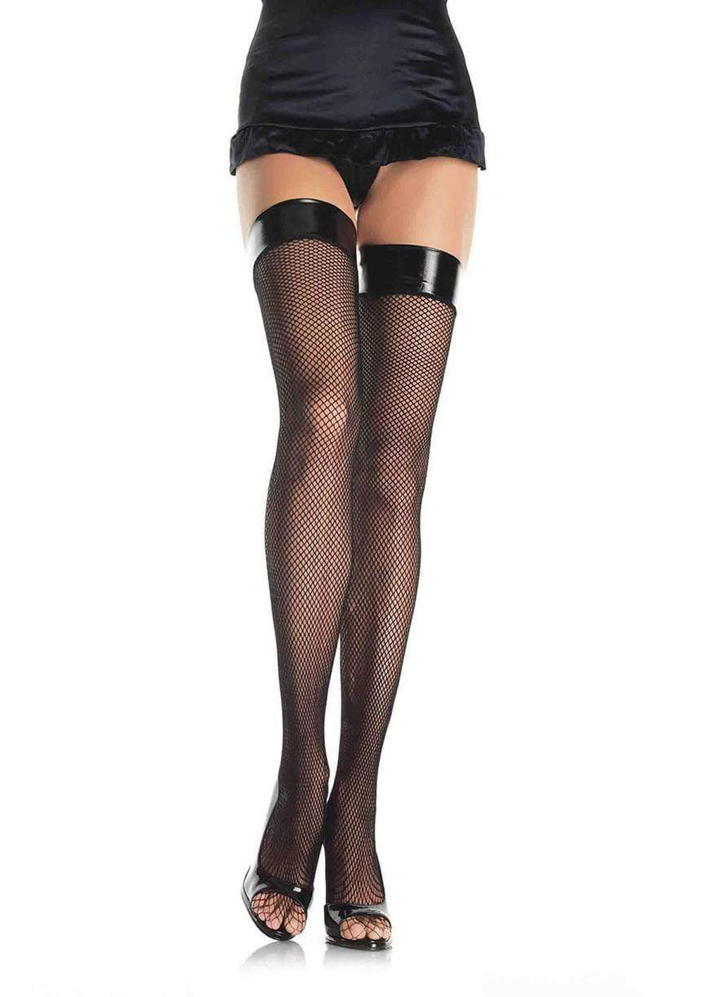 Vinyl Top Fishnet Thigh Highs - One Size - Black