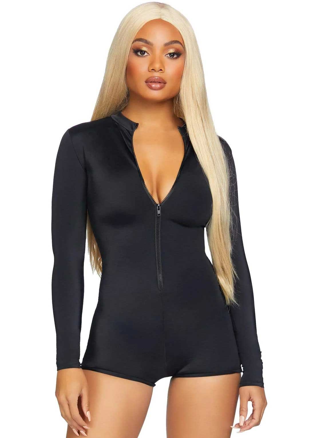 Zipper Front Long Sleeved Matte Romper - - Black Large