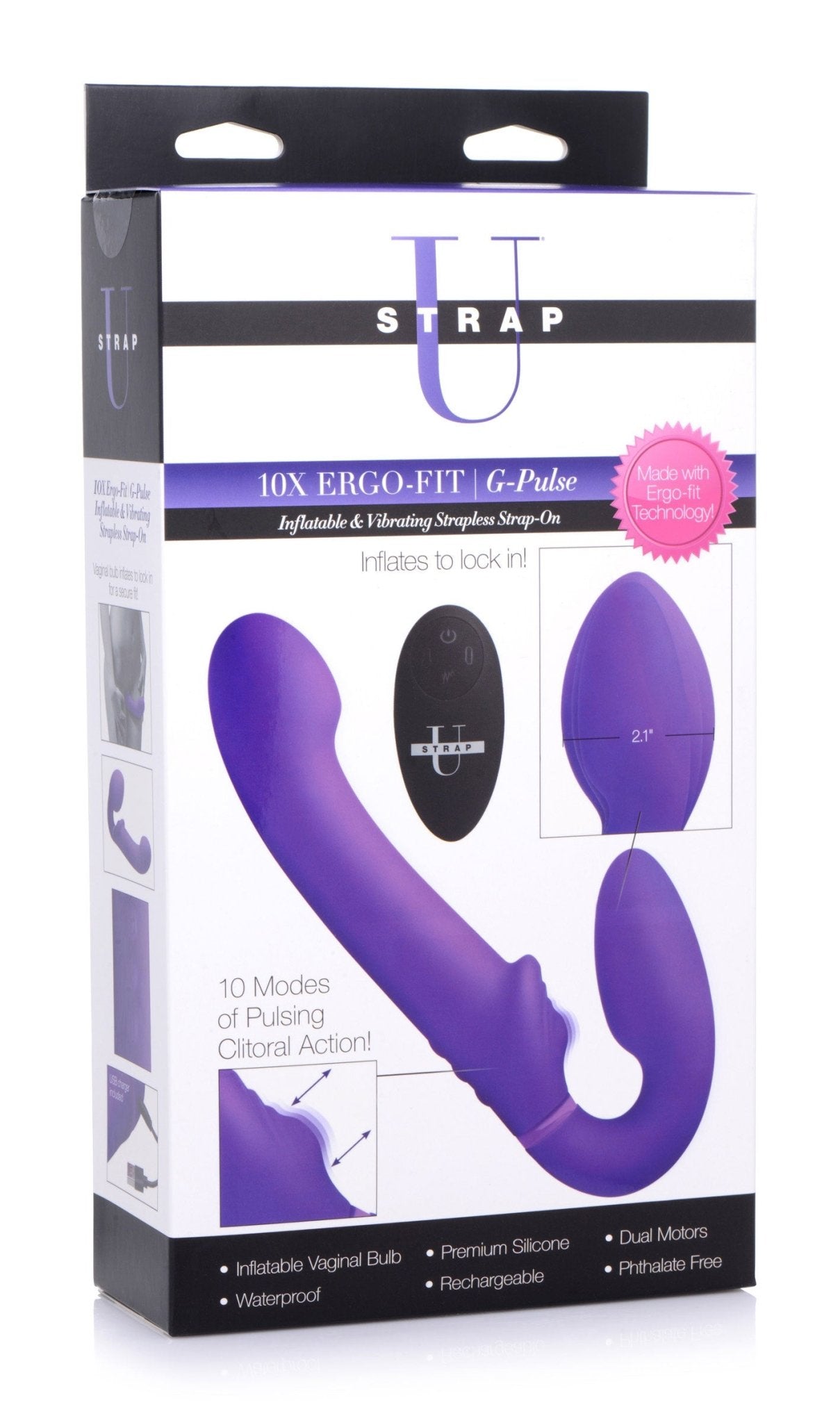 10x Ergo- Fit G-Pulse Inflatable and Vibrating Strapless Strap- on - Purple