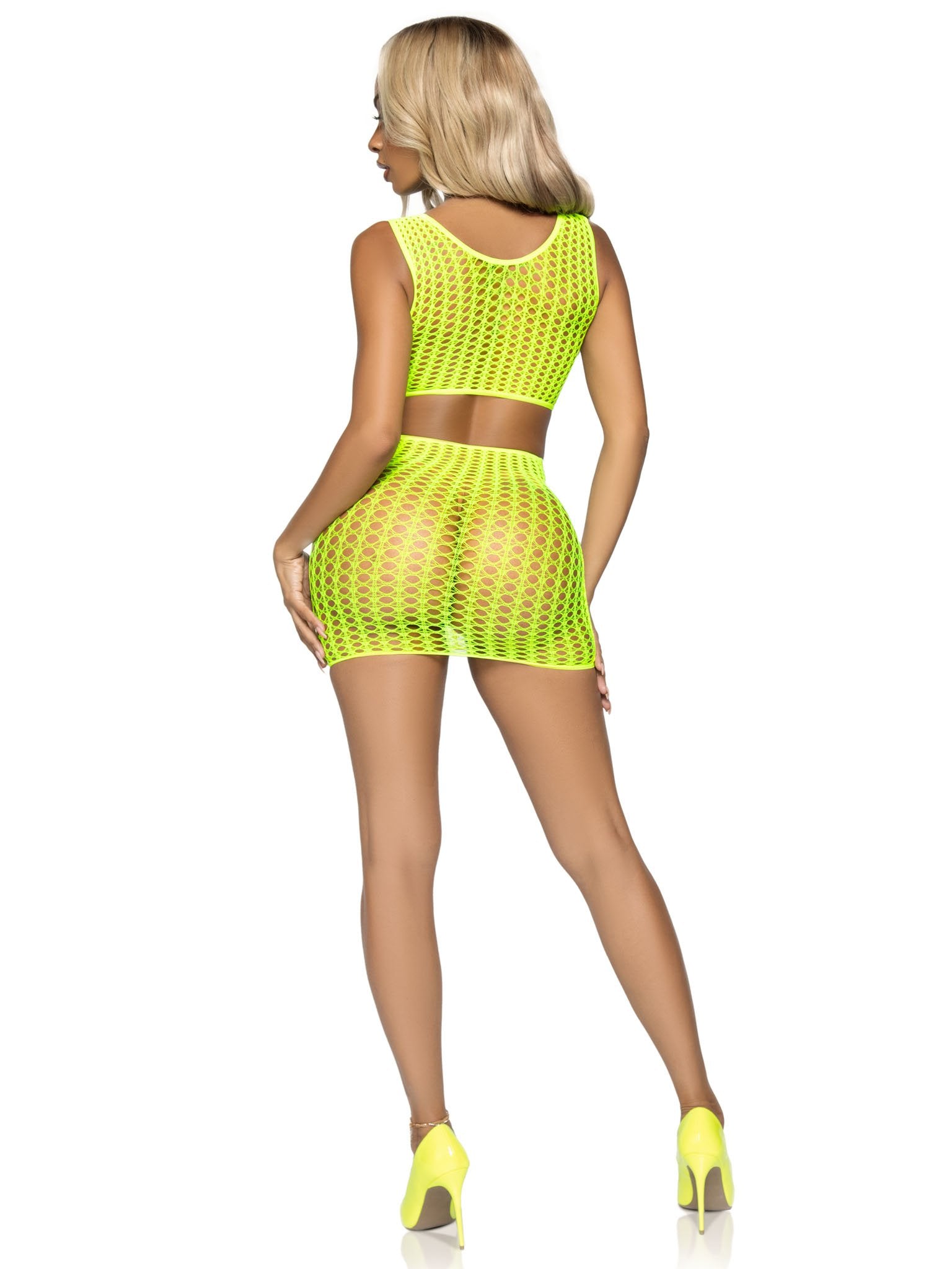 2 Pc. Crochet Net Crop Top and Mini Skirt - One Size - Neon Yellow