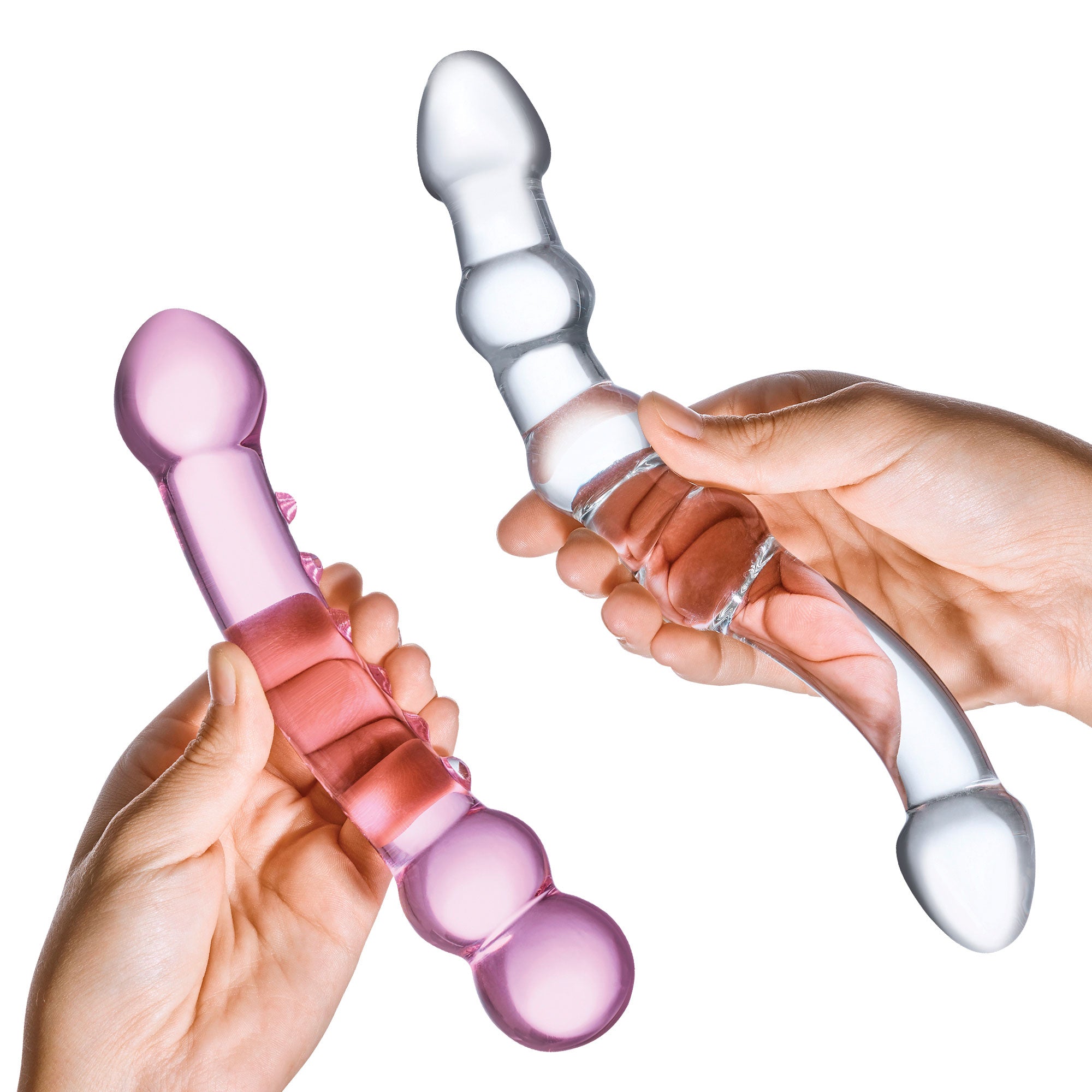 2 Pc Double Pleasure Glass Dildo Set in Pink/Clear by Glas