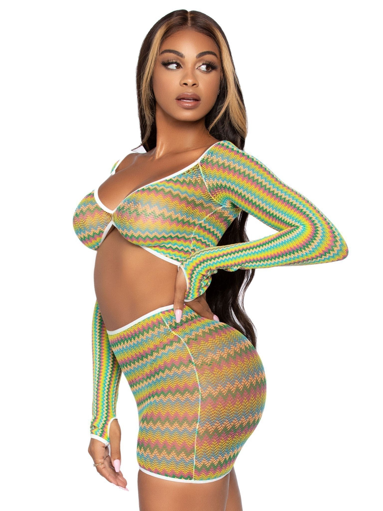 2 Pc Zig Zag Net Crop Top and Mini Dress - One Size