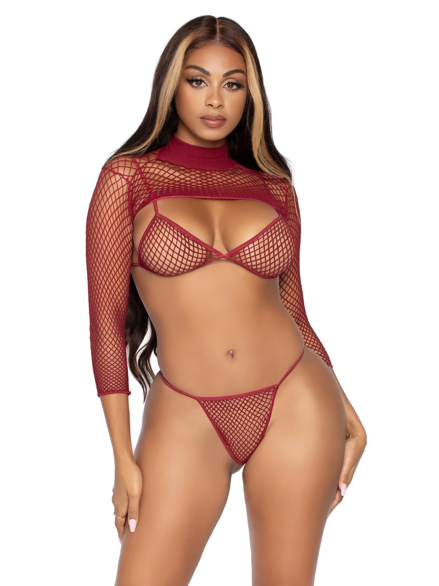 3 Pc Industrial Net Bikini Top G-String and Long Sleeved Crop Top - One Size - Burgundy