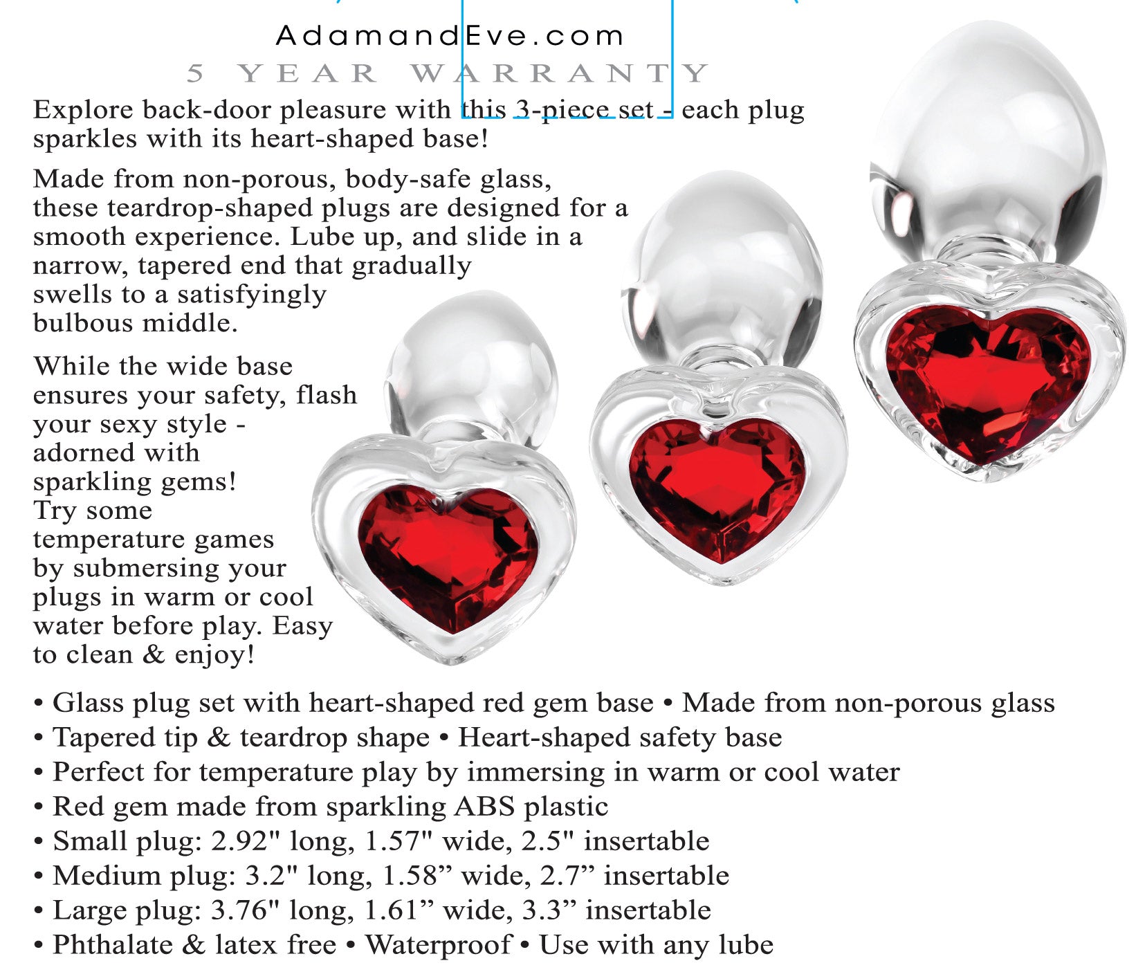 Adam & Eve Red Heart Gem Glass Plug Set