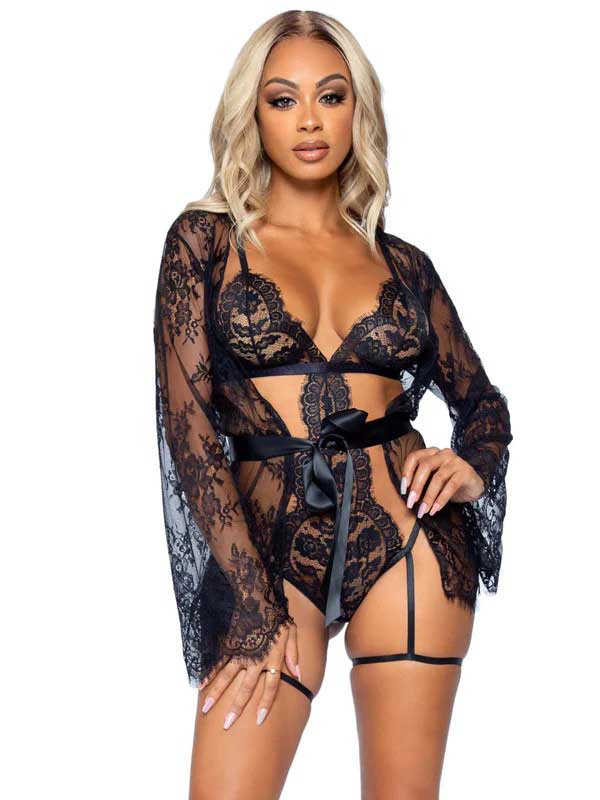 All Romance Lace Teddy and Robe Set - Black