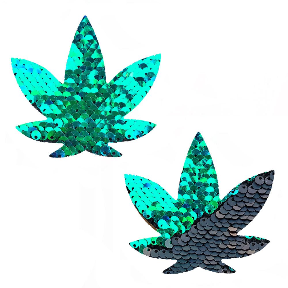 Ariel - Green to Black Flip Sequin Gold Dope Af Weed Leaf Pasties